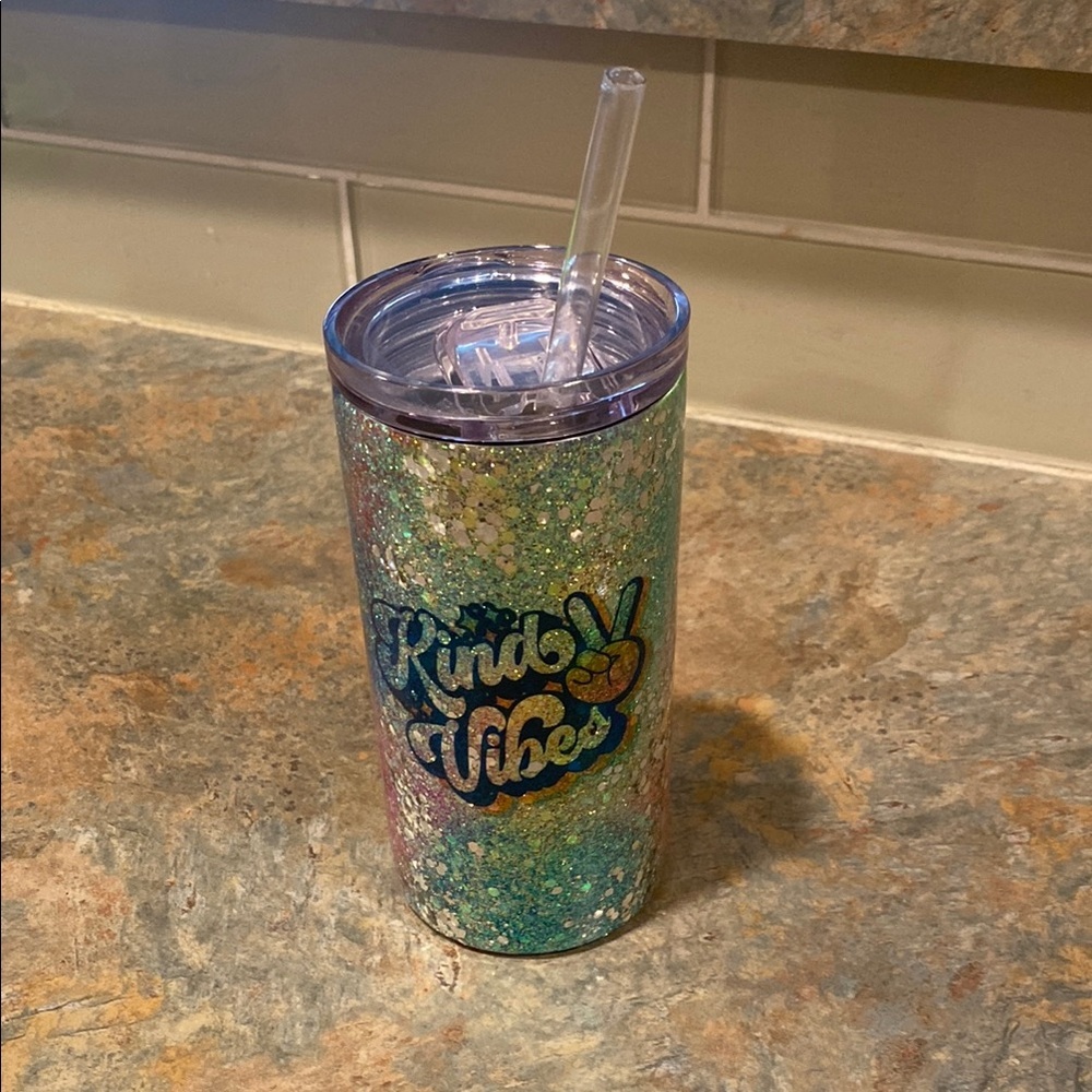 Glittery 'Kind Vibes' Tumbler with Straw